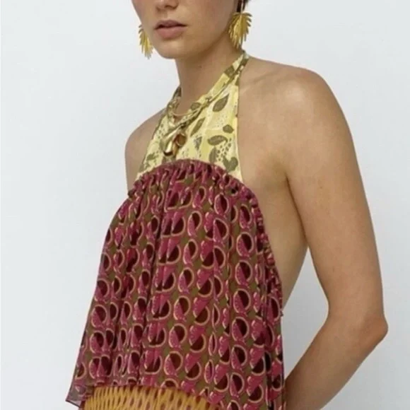 Zara Mixed Print Halter Top – Boho Sleeveless Blouse XS Layered - Picture 4 of 9